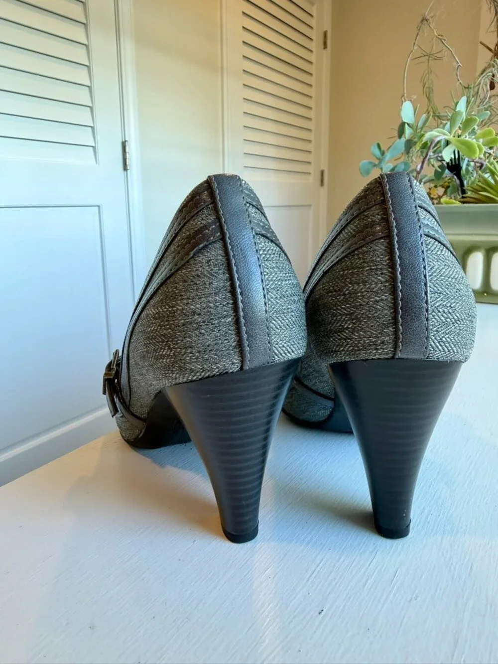 LifeStride Velocity Bimala Tweed Mary Jane Heels – Gray, Size 7 with Memory Foam